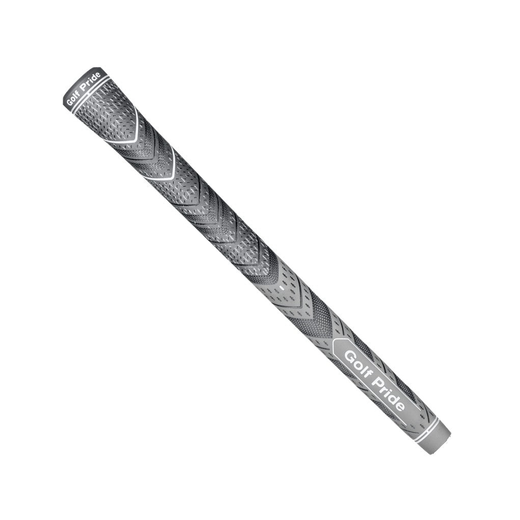 A black and gray Golf Pride golf club grip with a patterned texture.