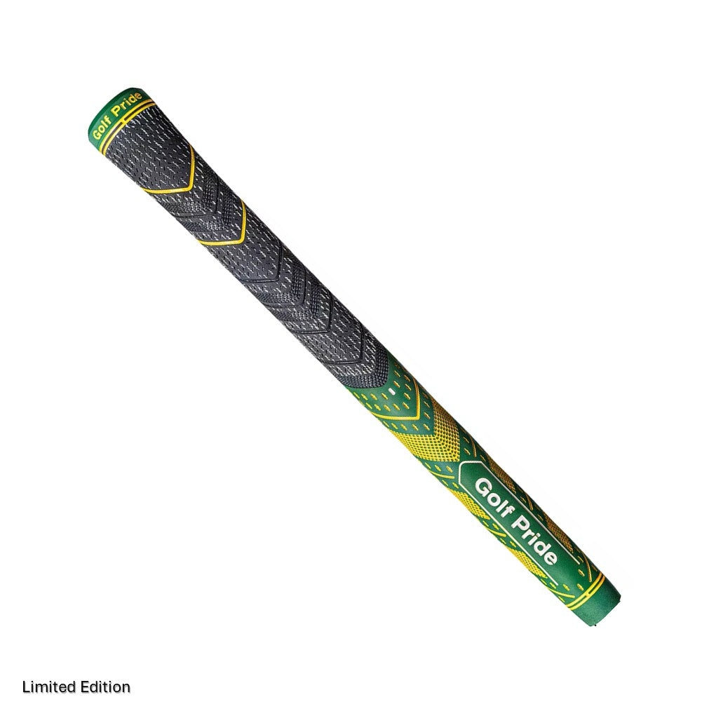 A limited edition Golf Pride golf club grip with a green and yellow color scheme and the text 'Golf Pride' and ' MCC Plus 4' displayed.