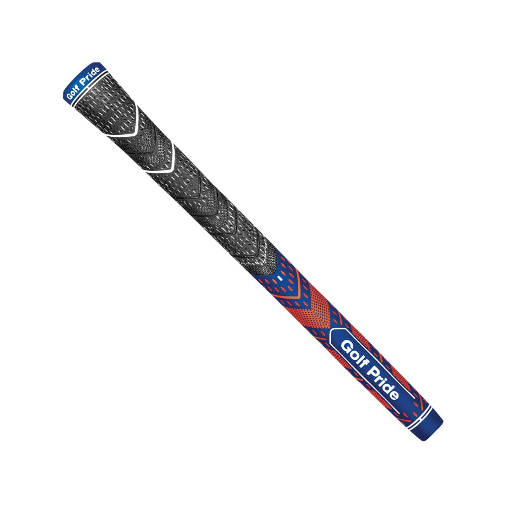A Golf Pride midsize grip for golf clubs, featuring a hybrid construction with a soft rubber lower hand and a corded upper hand, in blue and orange.