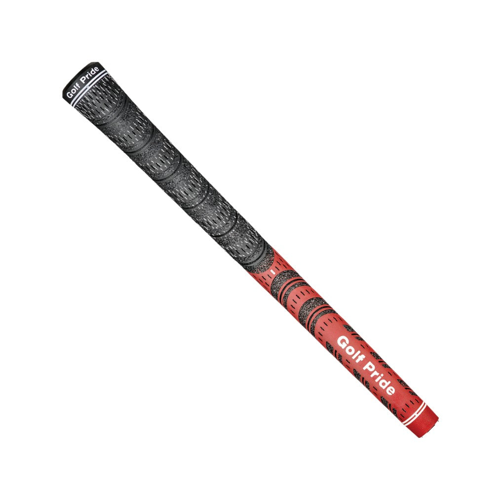 A black and white Golf Pride midsize club grip with a pebbled texture and plus sign patterns.
