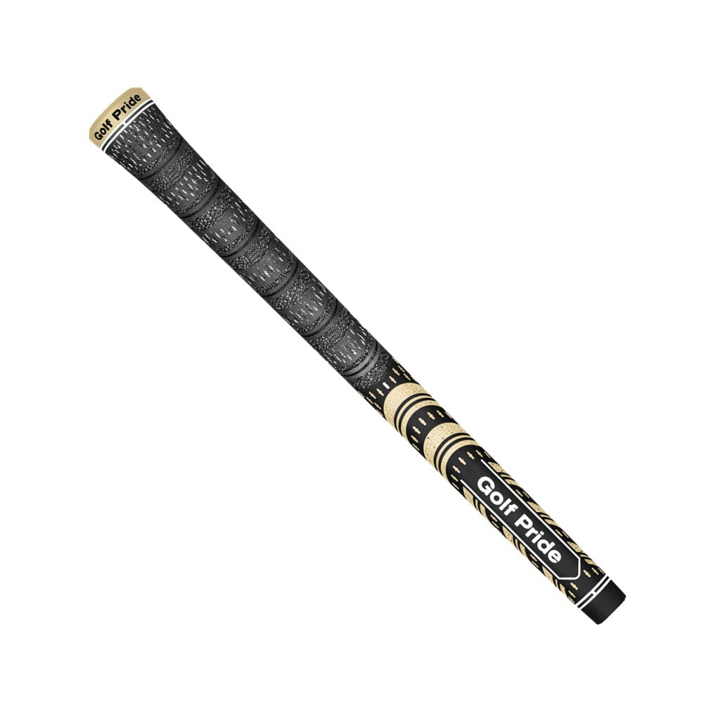 A black Golf Pride golf club grip with a pebbled texture and plus sign patterns.