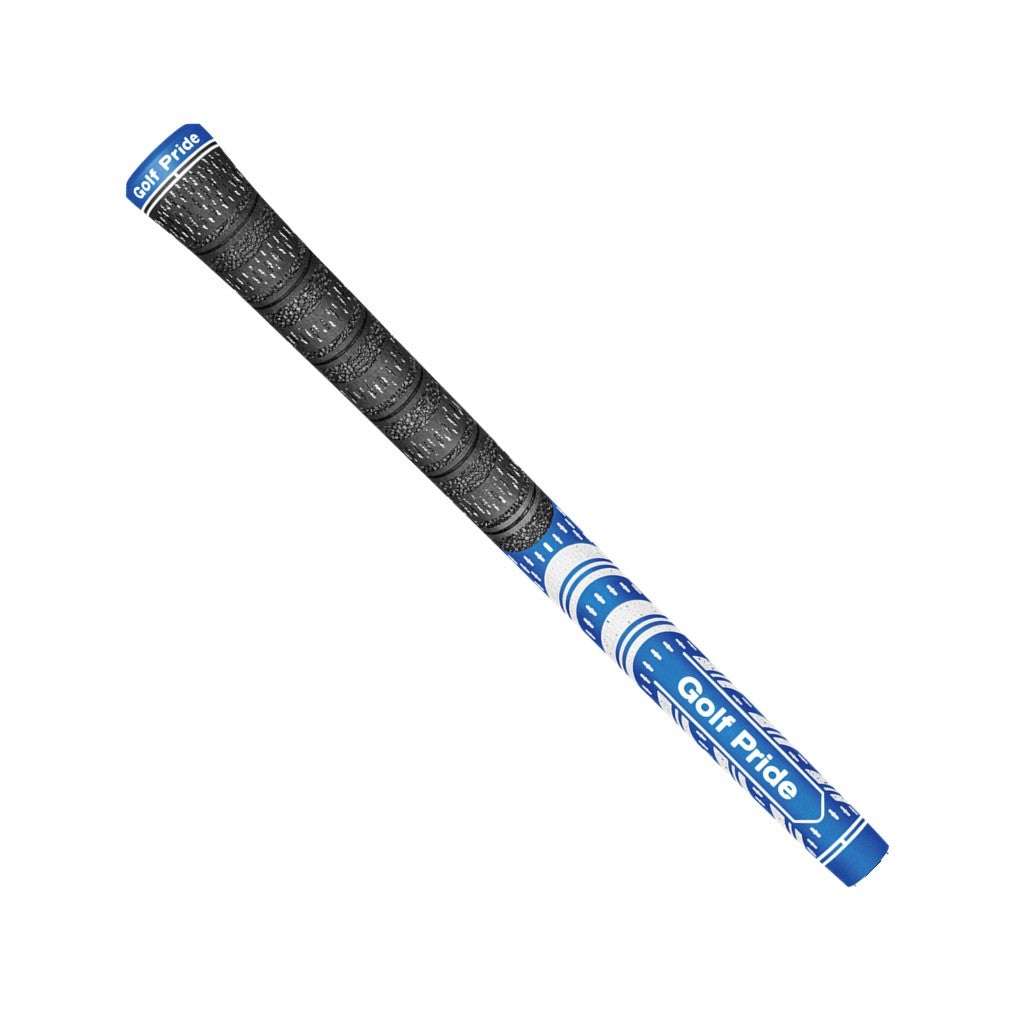A blue Golf Pride midsize golf club grip with a pebbled texture and plus sign patterns.