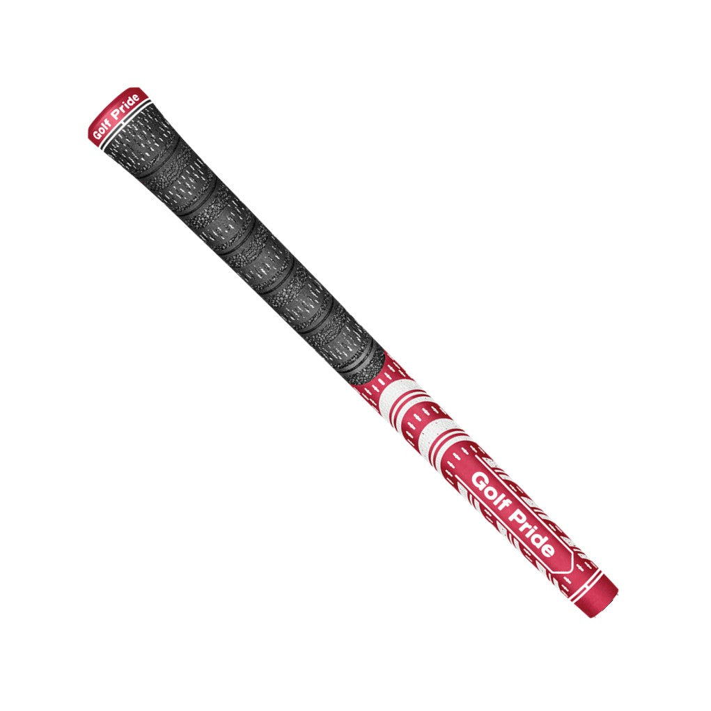A pink red Golf Pride midsize golf club grip with a pebbled texture and plus sign patterns.