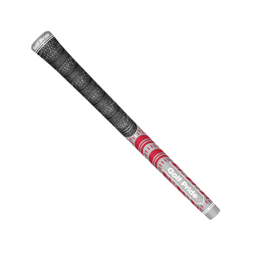 A red and gray Golf Pride midsize golf club grip with a pebbled texture and plus sign patterns.
