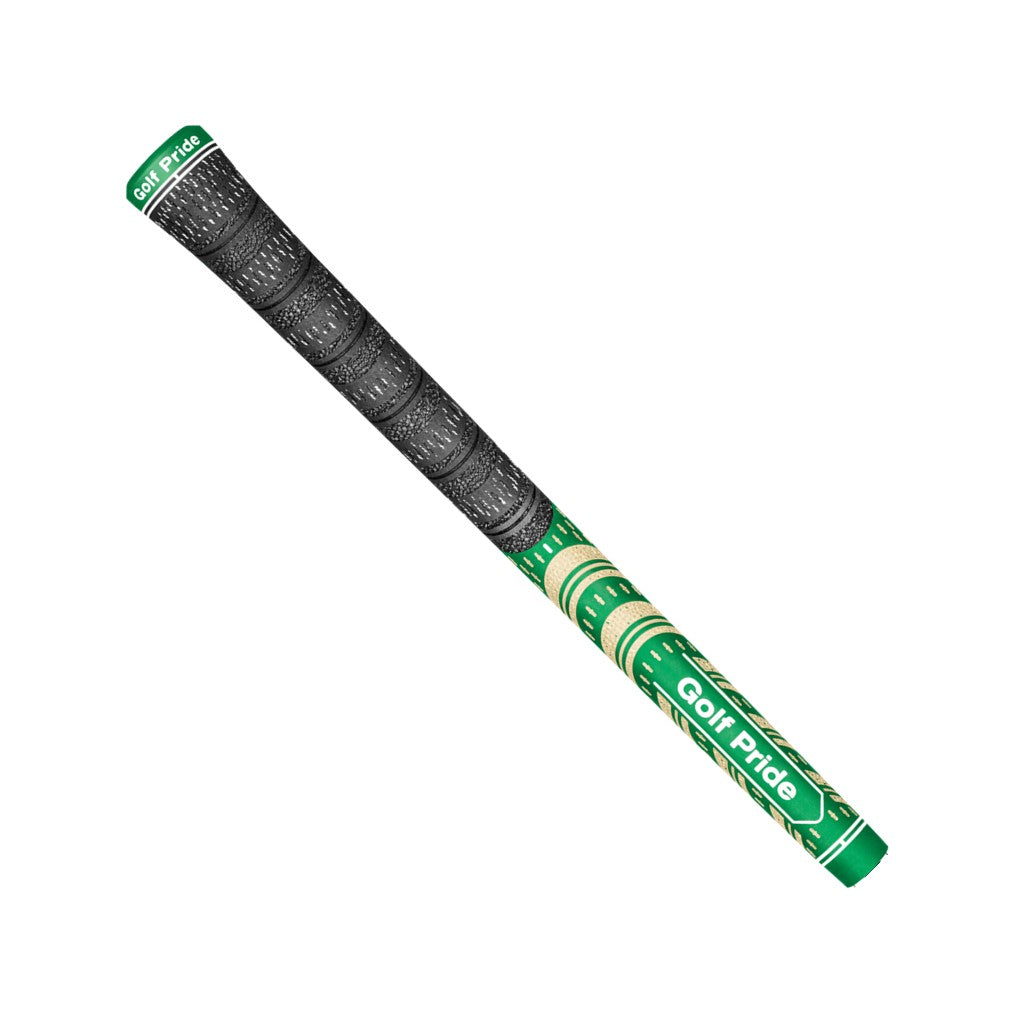 A green Golf Pride midsize golf club grip with a pebbled texture and plus sign patterns.