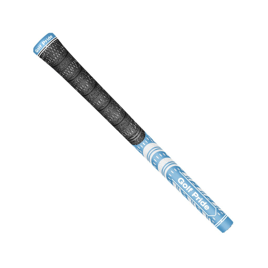 A sky blue Golf Pride midsize golf club grip with a pebbled texture and plus sign patterns.