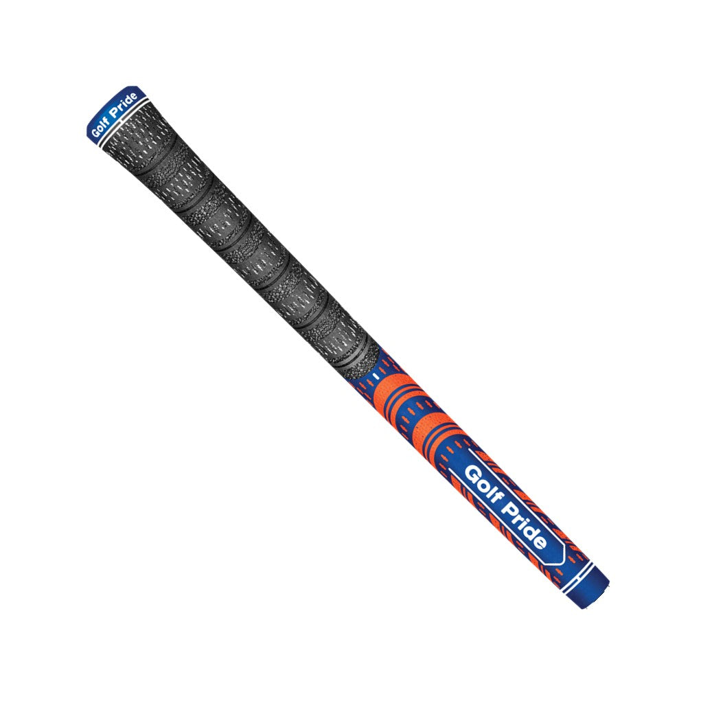 A orange and blue Golf Pride midsize golf club grip with a pebbled texture and plus sign patterns.