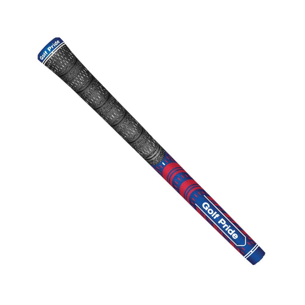 A blue and red Golf Pride midsize golf club grip with a pebbled texture and plus sign patterns.