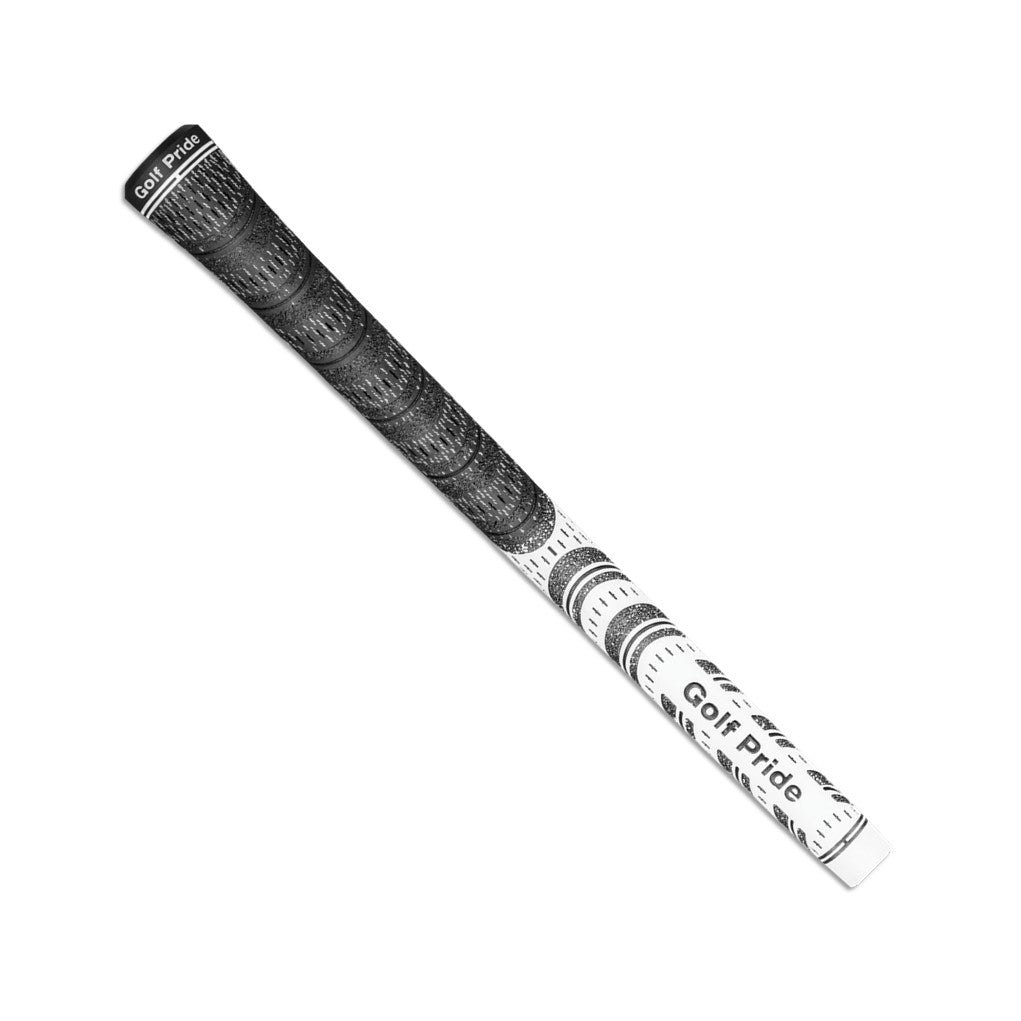 A black and white Golf Pride midsize club grip with a pebbled texture and plus sign patterns.