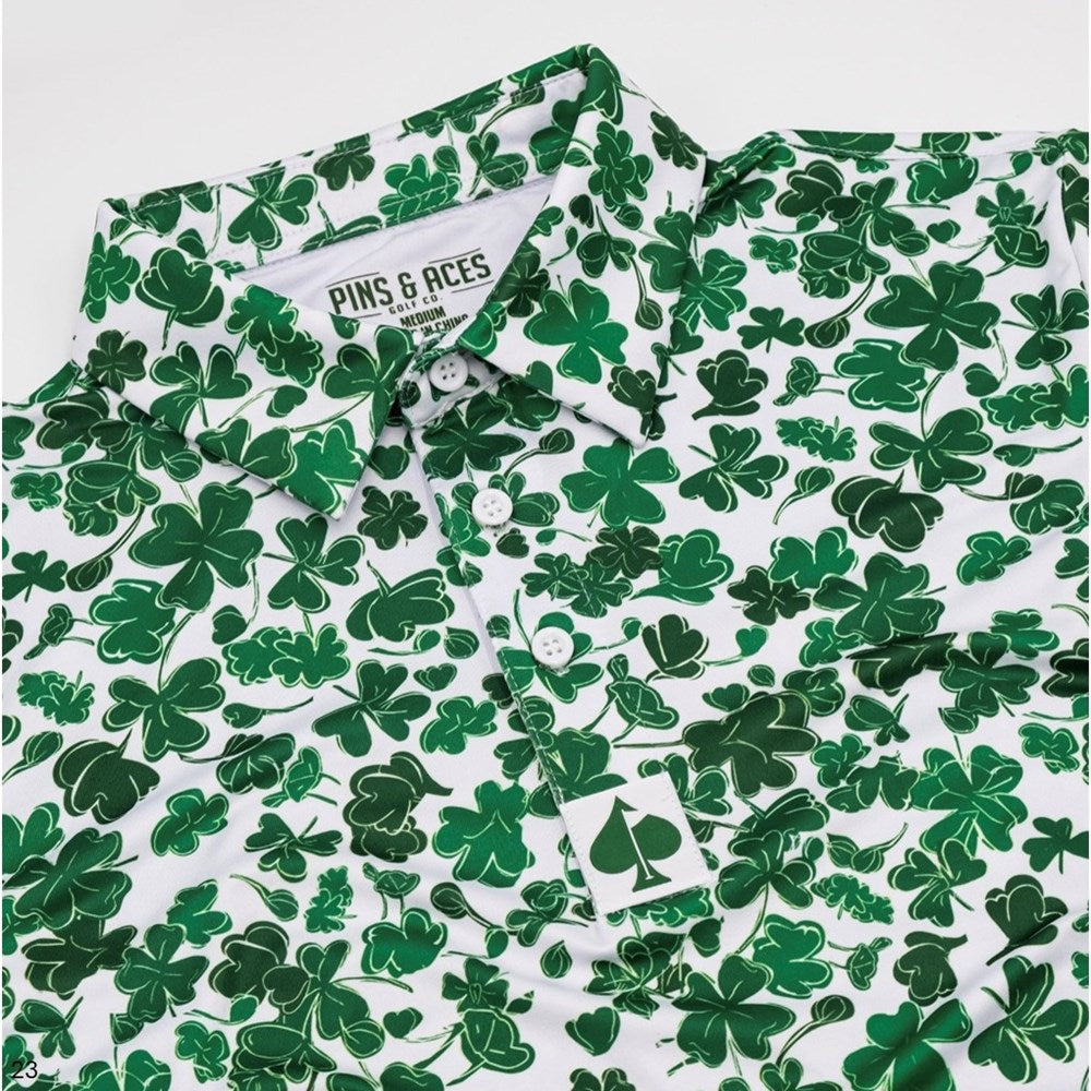 Pins & Aces - Polo Tee - Men’s Casual White Green Shamrock