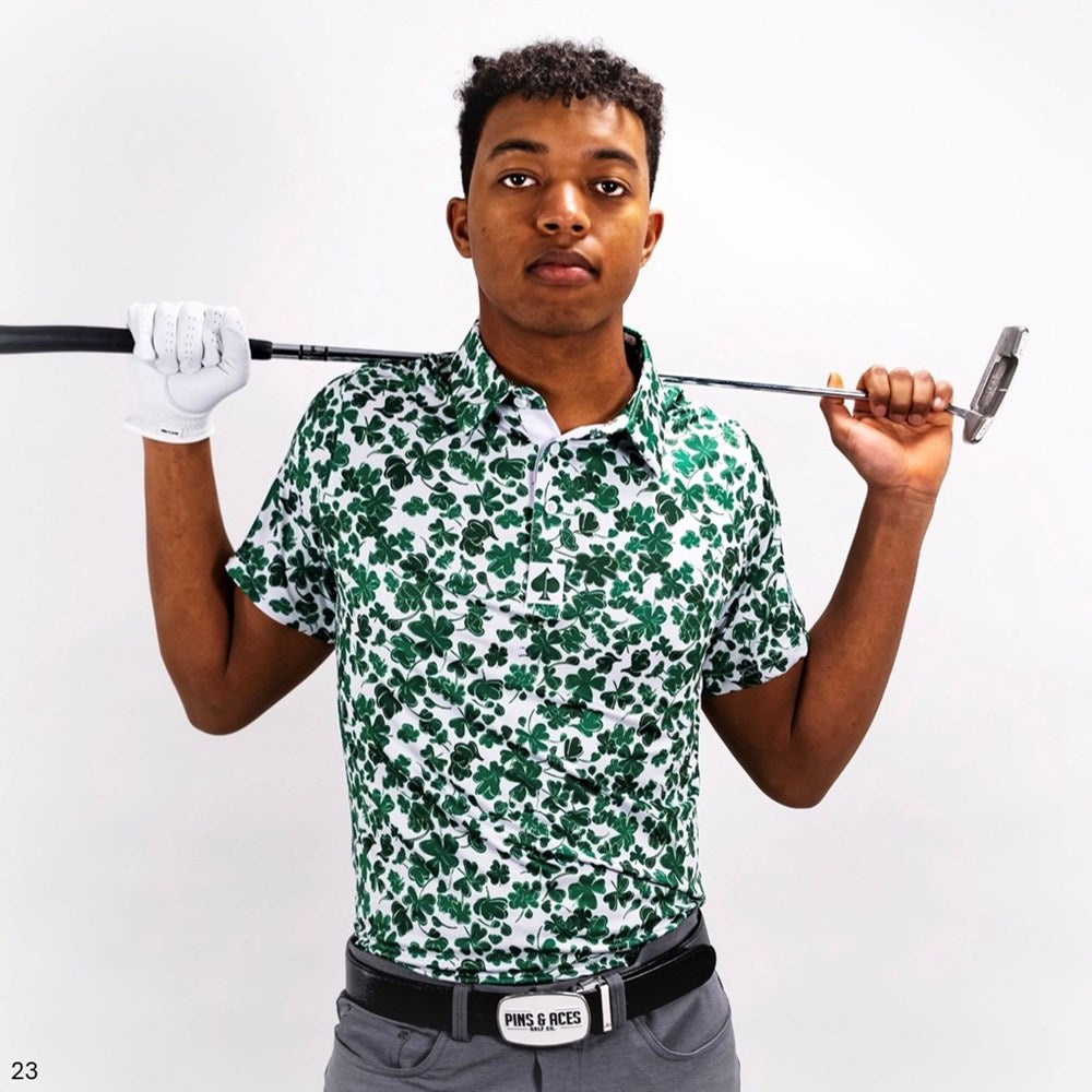 Pins & Aces - Polo Tee - Men’s Casual White Green Shamrock