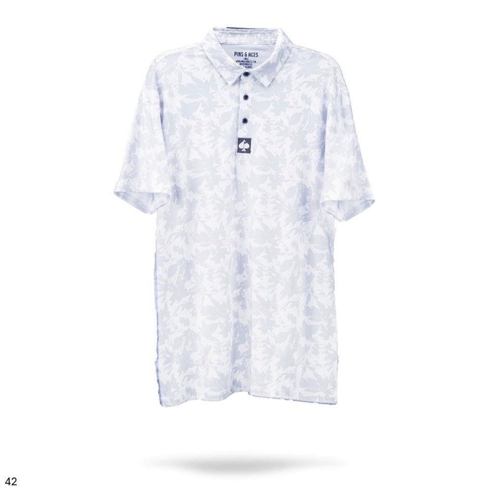 Pins & Aces - Polo Tee - Men’s Casual White Ash Grey Foliage Splash