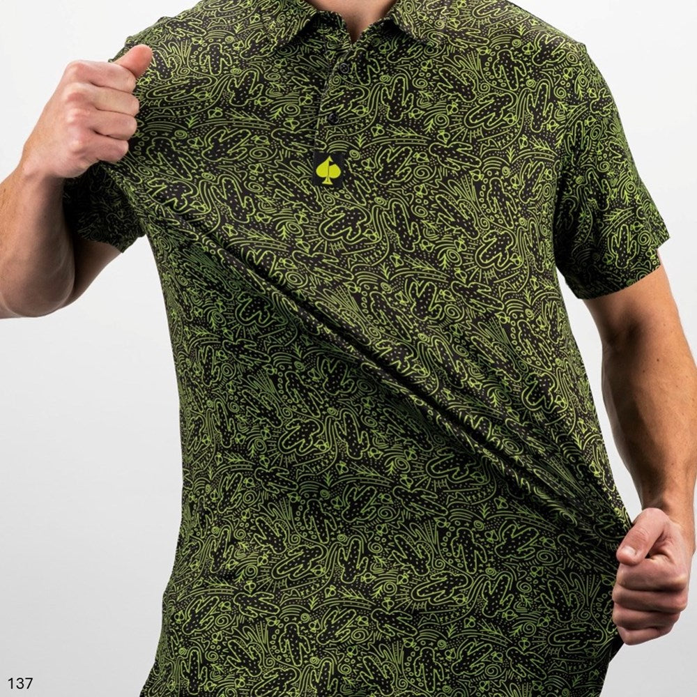 Pins & Aces - Polo Tee - Men’s Casual Forest Green Cactus Doodle