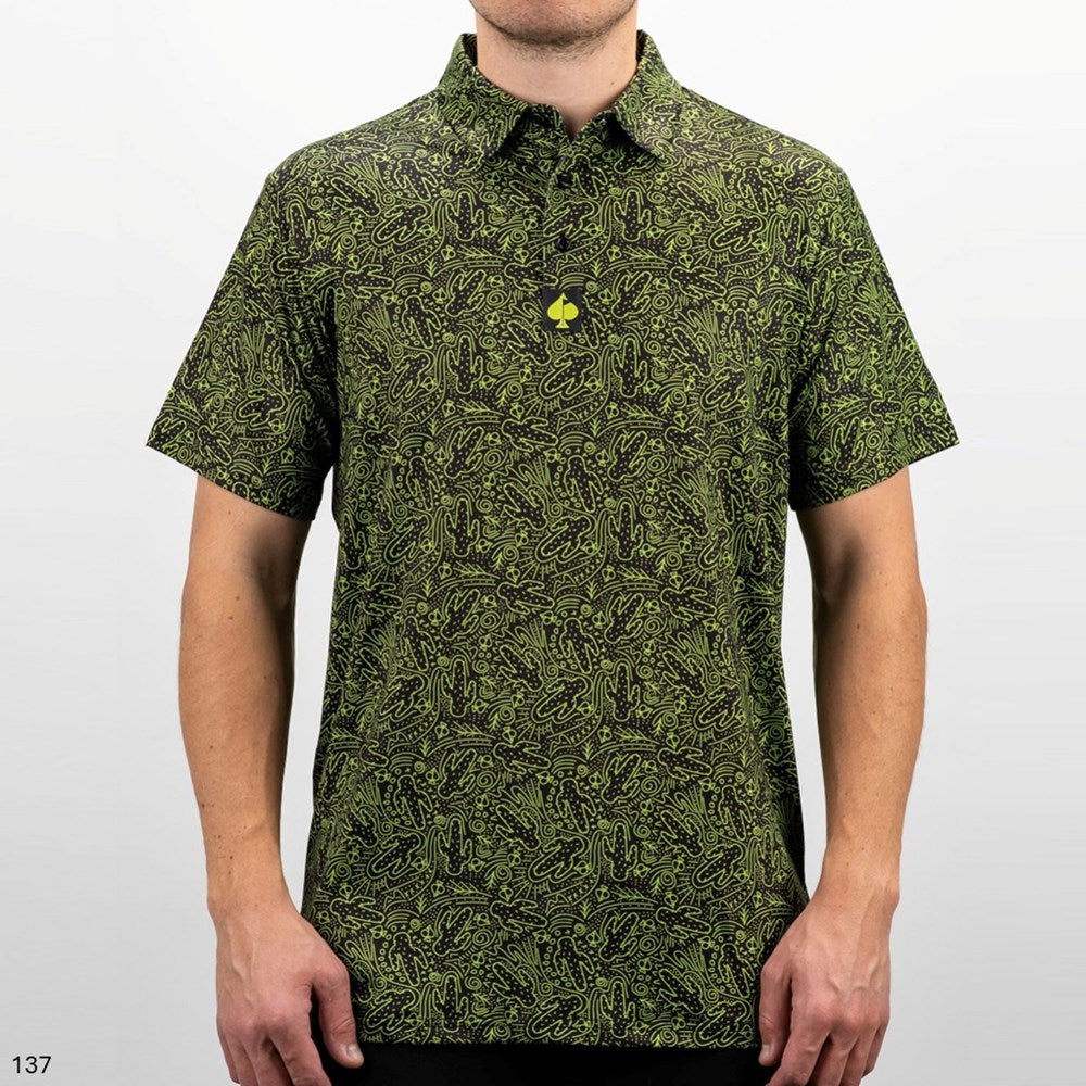 Pins & Aces - Polo Tee - Men’s Casual Forest Green Cactus Doodle