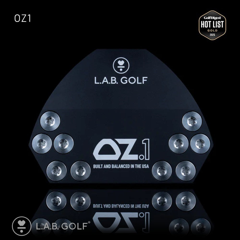 L.A.B. Golf OZ1 golf club head with branding and certification on a black background