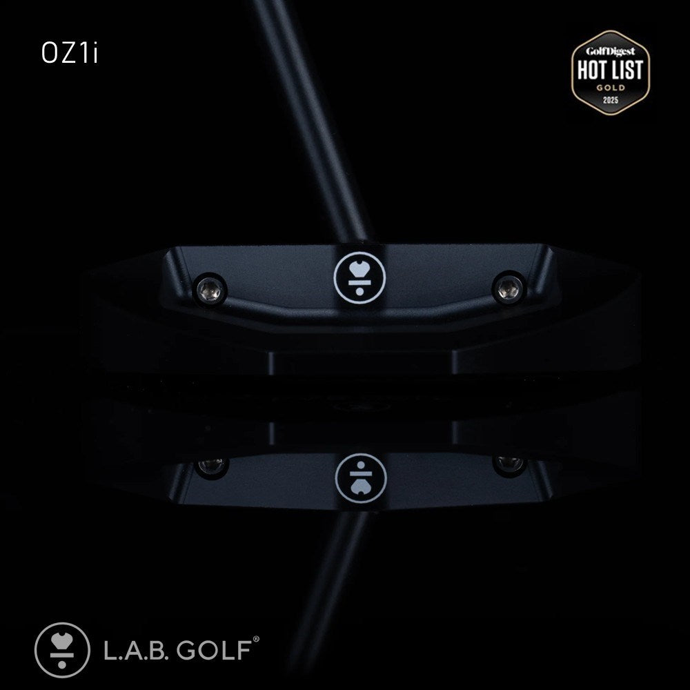 Close-up of a golf putter with L.A.B. Golf branding on a black background