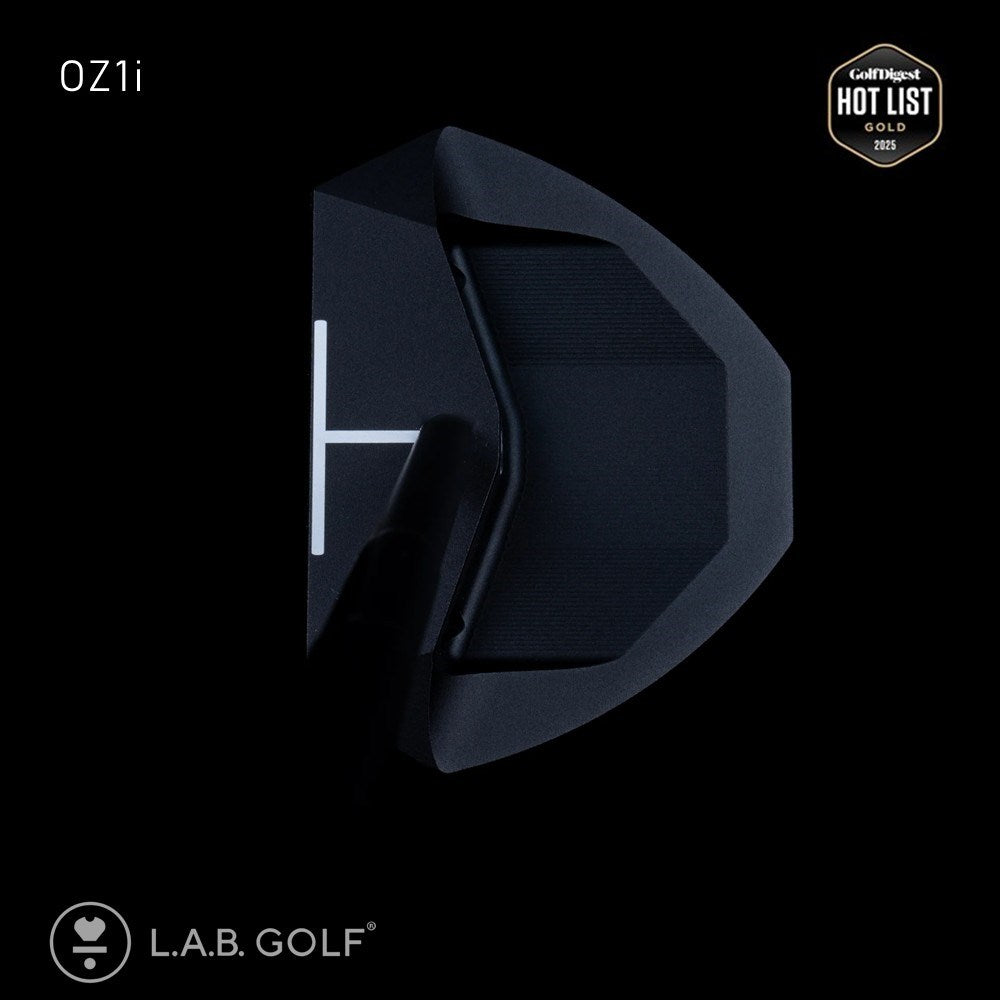 Black golf club head cover with 'L.A.B. Golf' branding on a black background