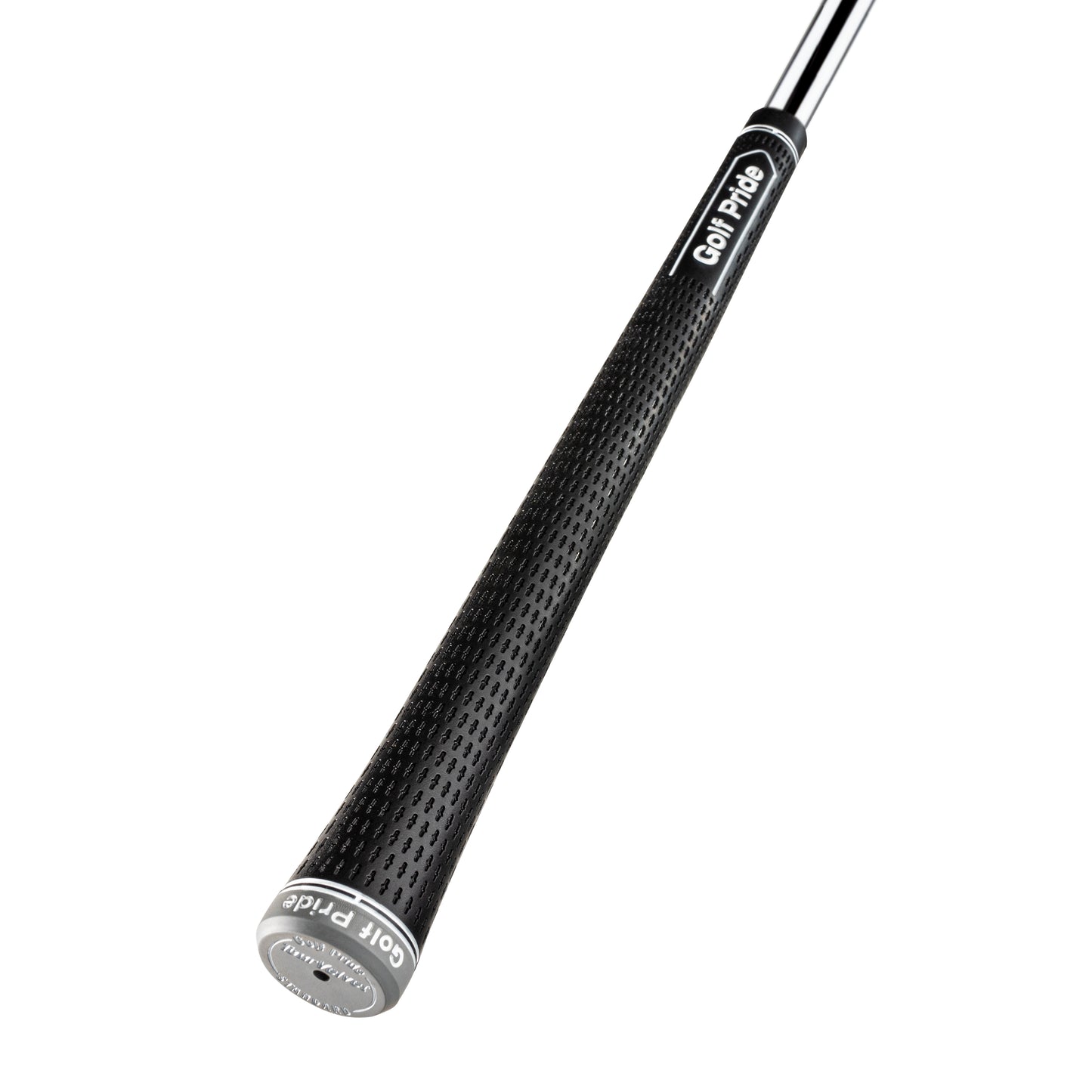 A black and gray Golf Pride midsize grip with Tour Velvet texture and Tour Tack outer layer.