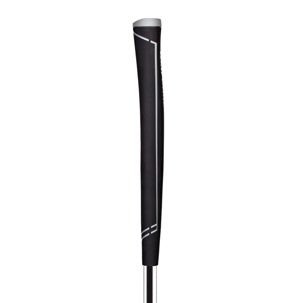 A black Golf Pride putter grip with white text indicating the brand and model. Side view