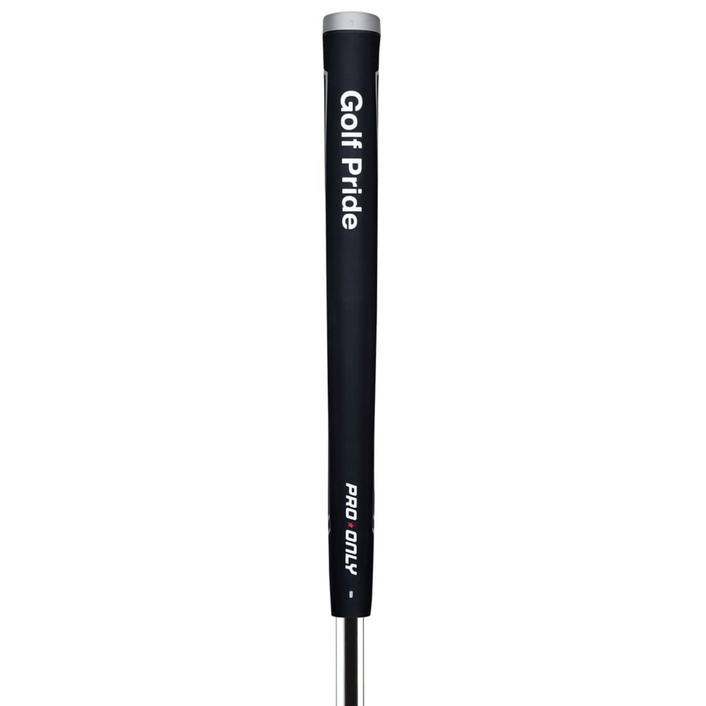 A black Golf Pride putter grip with white text indicating the brand and model. PRO ONLY brand tag front view.