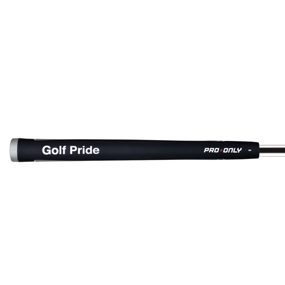 A black Golf Pride putter grip with white text indicating the brand and model. PRO ONLY brand tag side view