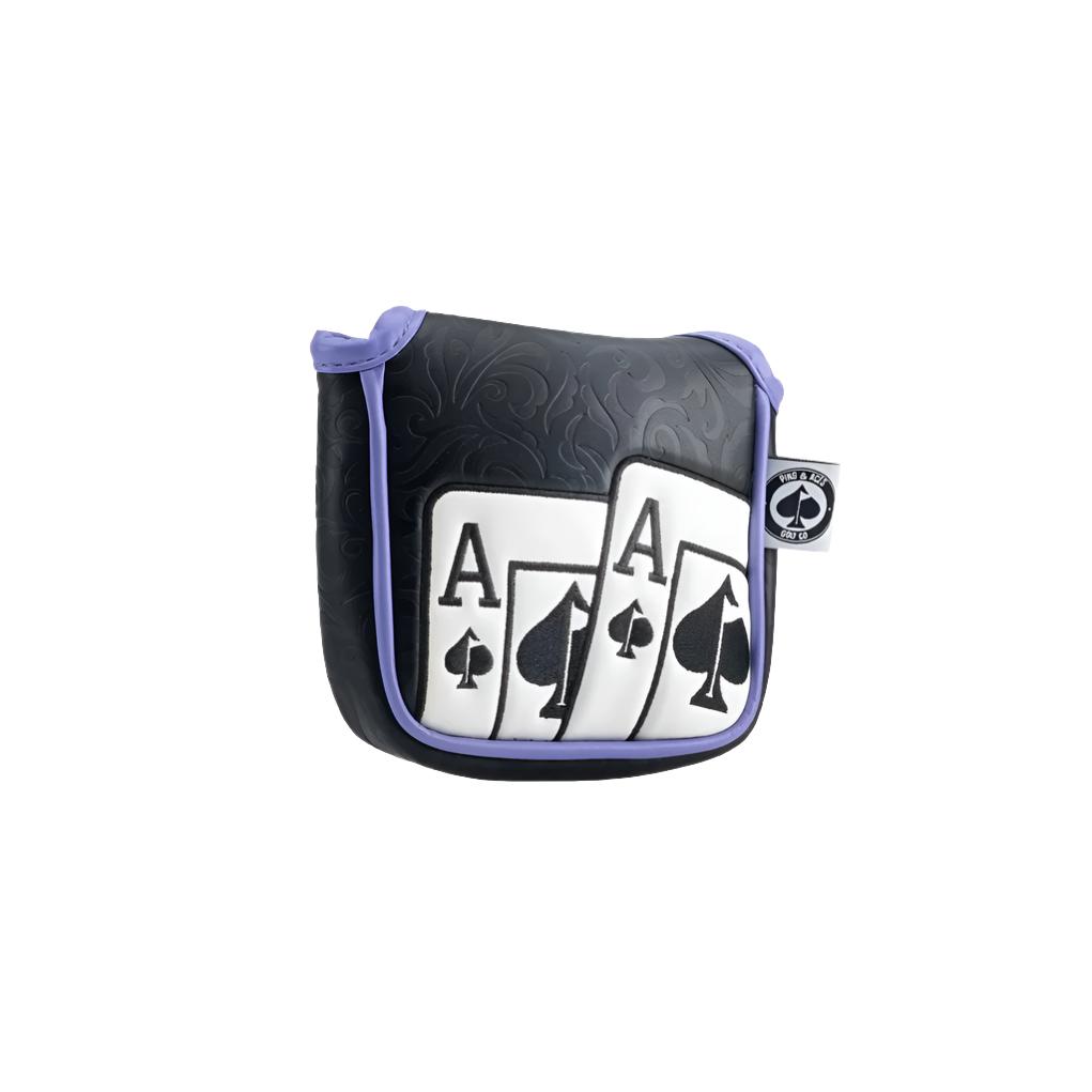 A colorful putter mallet headcover with a design and text as it's stitching