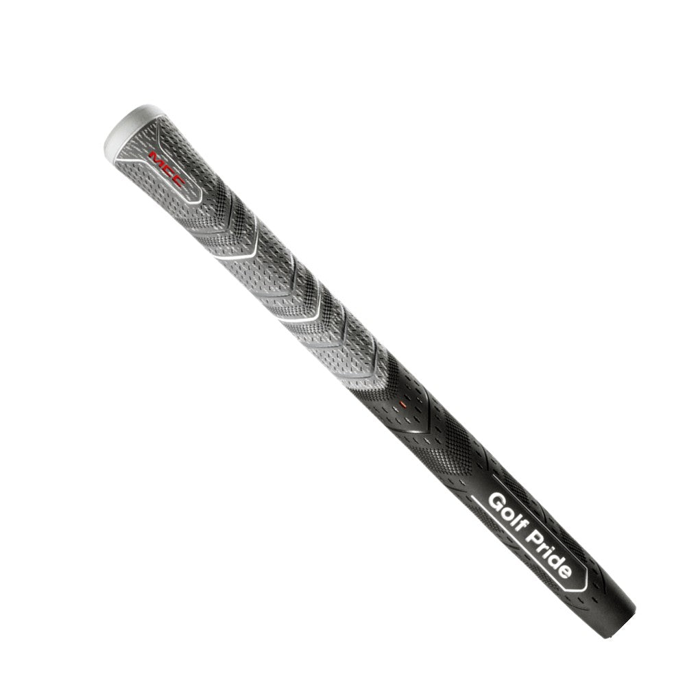 A black and gray golf grip with red detailing and the brand 'Golf Pride' written on it.