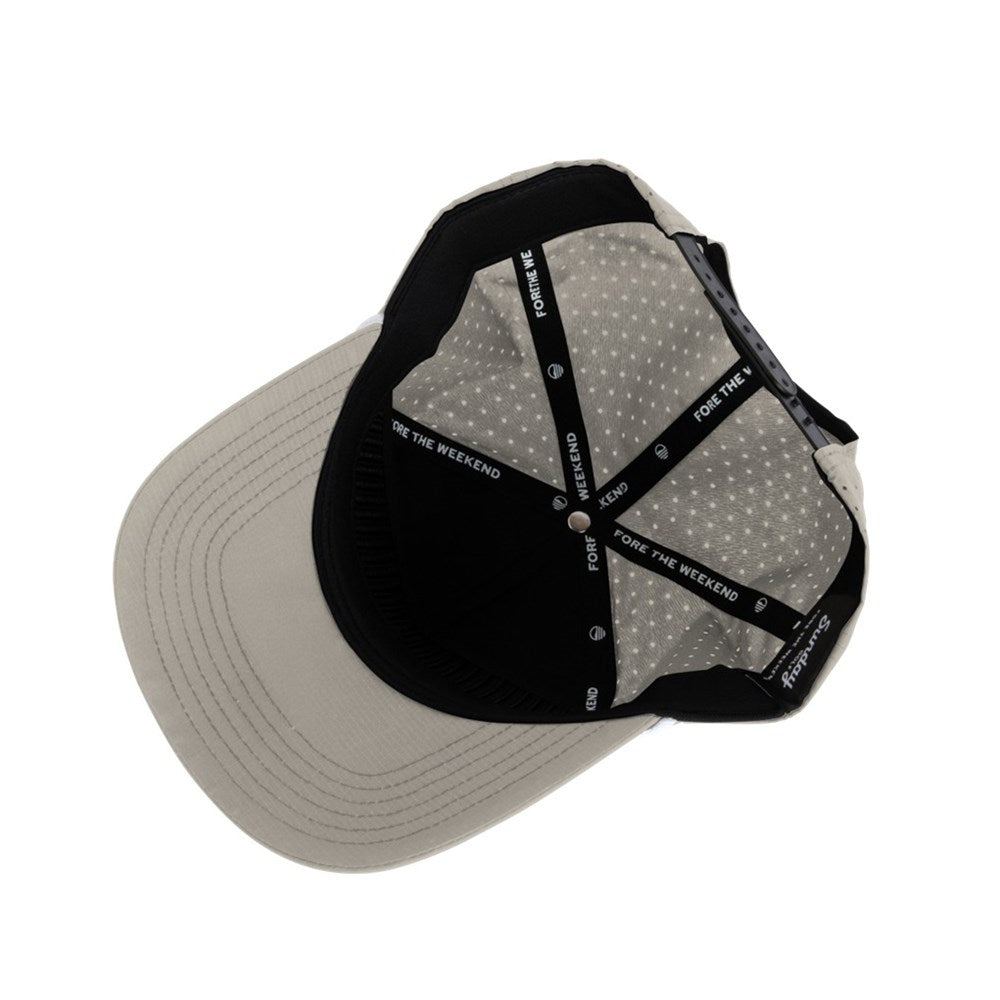 A beige Porter Lite Snapback golf hat with FORE THE WEEKEND stitching tag