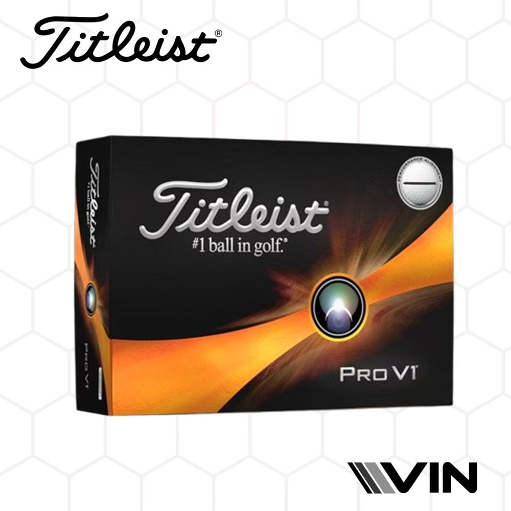 A box of Titleist Pro V1 golf balls with a black, orange, and white color scheme and the Vin logo at the bottom.