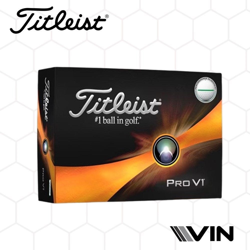A box of Titleist Pro V1 golf balls with a black, orange, and white color scheme and the Vin logo at the bottom.