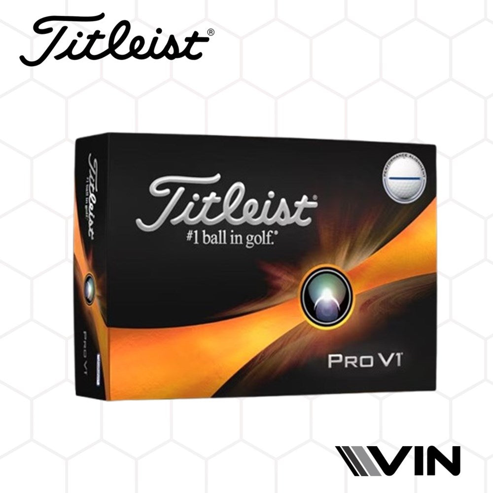 A box of Titleist Pro V1 golf balls with a black, orange, and white color scheme and the Vin logo at the bottom.