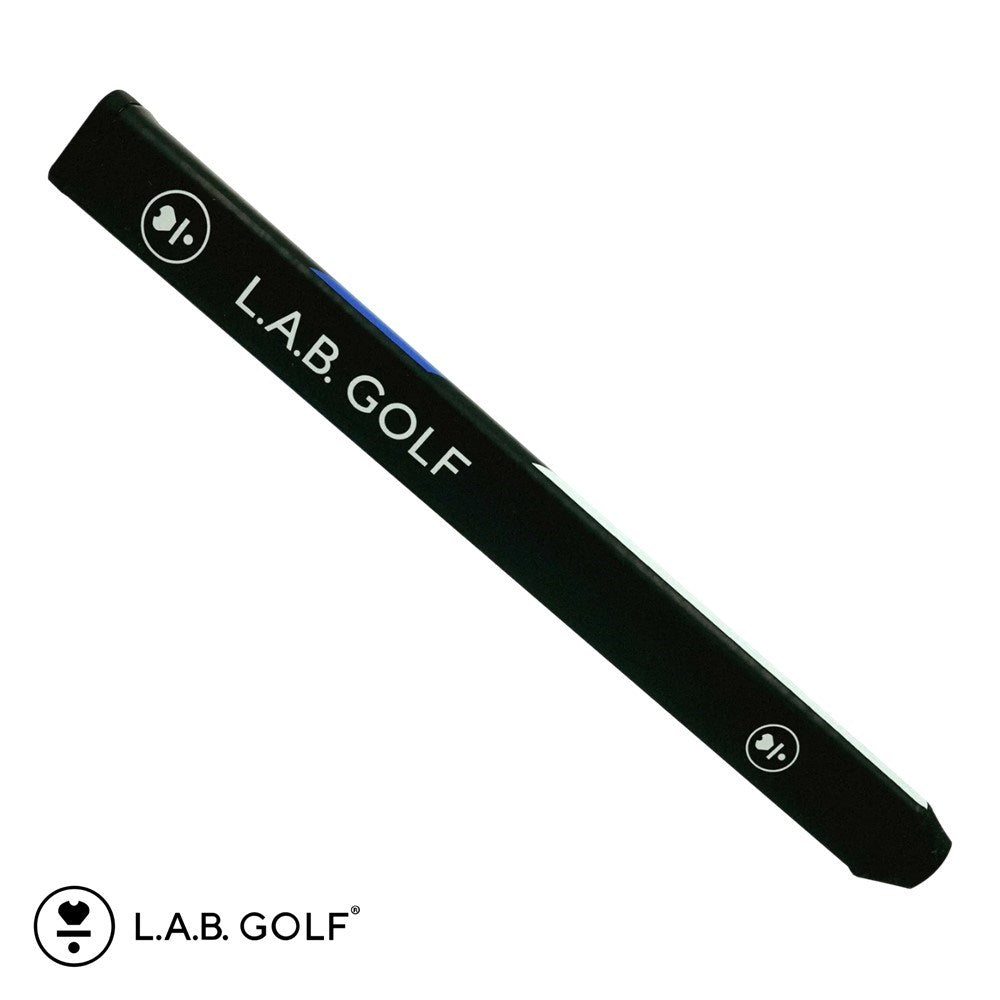 A black putter grip with the L.A.B. GOLF branding and logo in white and blue accents.