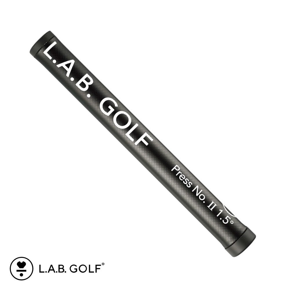 A black golf putter grip with the text 'L.A.B. GOLF' and 'Press No. II 1.5°' printed on it.