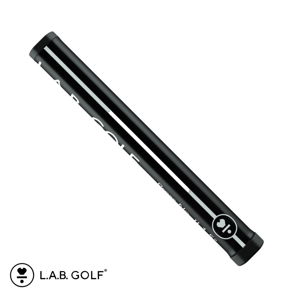 A black golf putter grip with the text 'L.A.B. GOLF' and 'Press No. II 1.5°' printed on it.