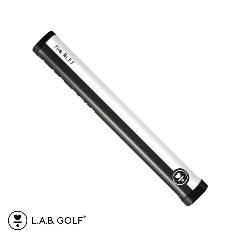 A golf putter grip with a gray top and black bottom, labeled 'L.A.B. GOLF' and 'Press.II 3° Smooth'.