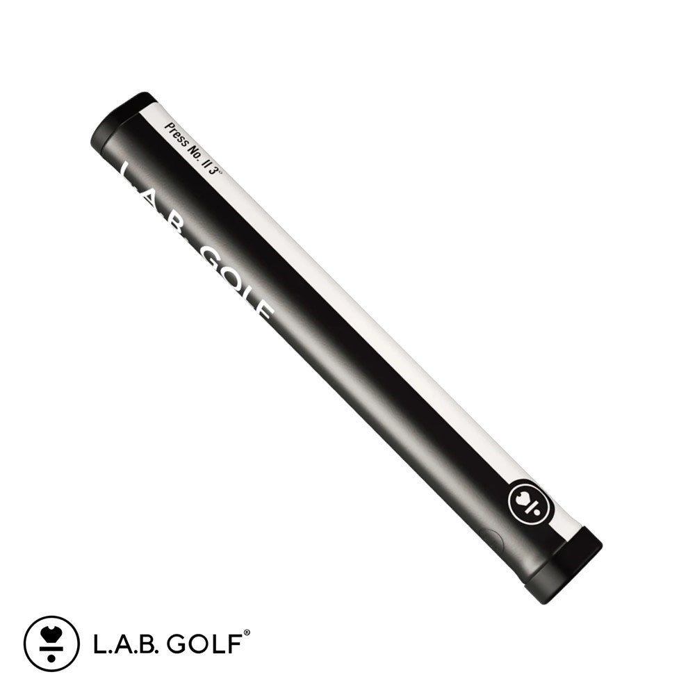 A golf putter grip with a gray top and black bottom, labeled 'L.A.B. GOLF' and 'Press.II 3° Smooth'.