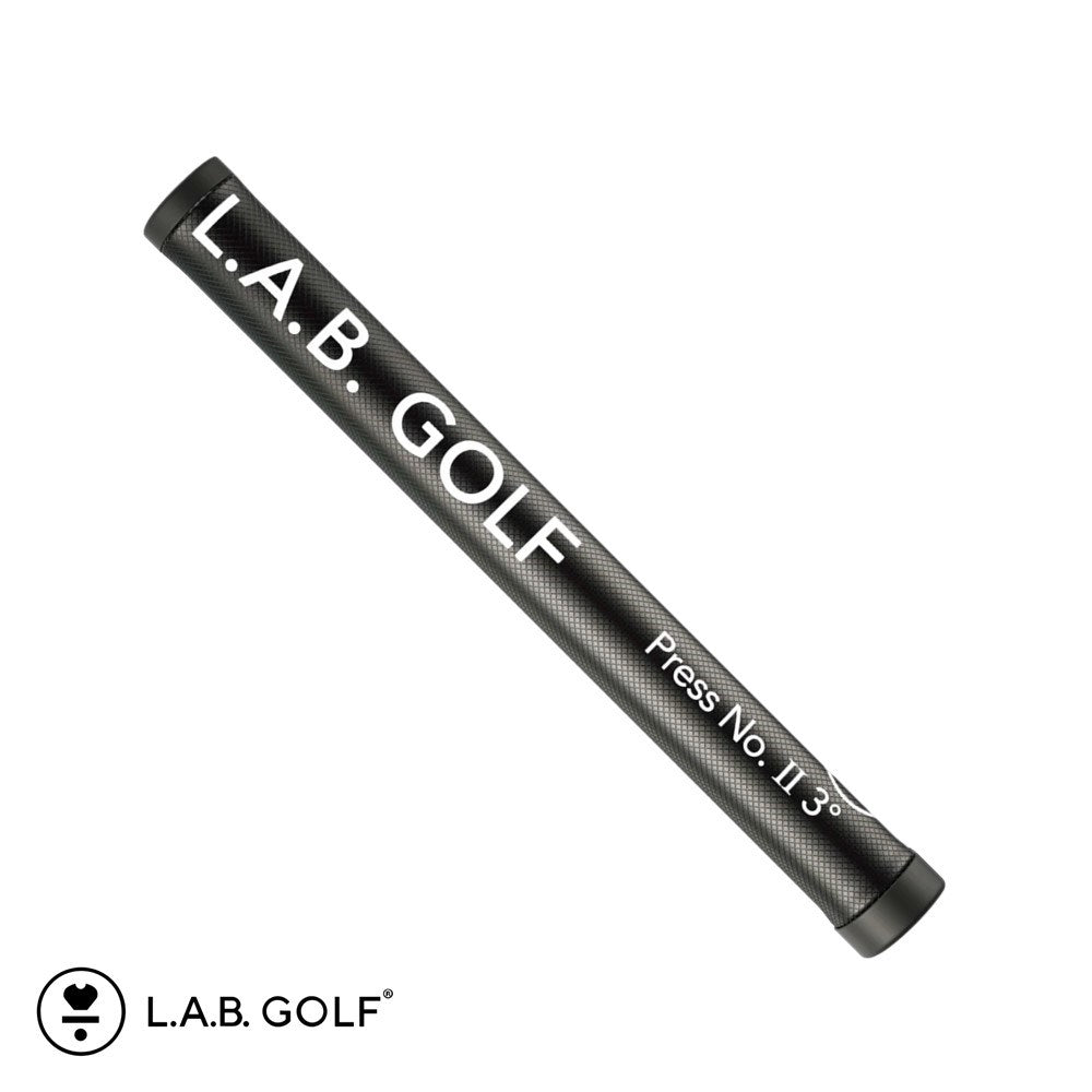 A black golf putter grip with the text 'L.A.B. GOLF Press No. II 3°' displayed on it.