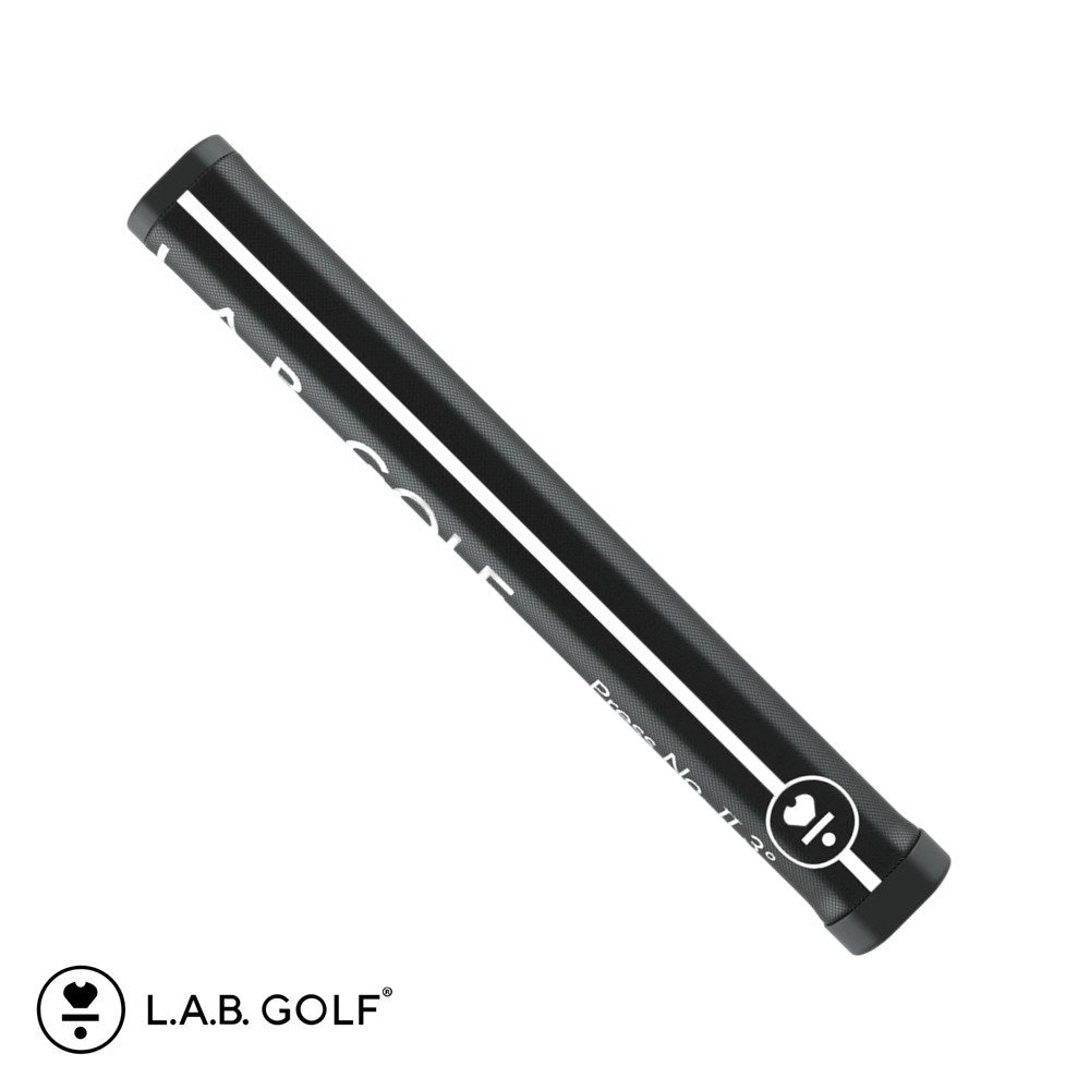 A black golf putter grip with the text 'L.A.B. GOLF Press No. II 3°' displayed on it.
