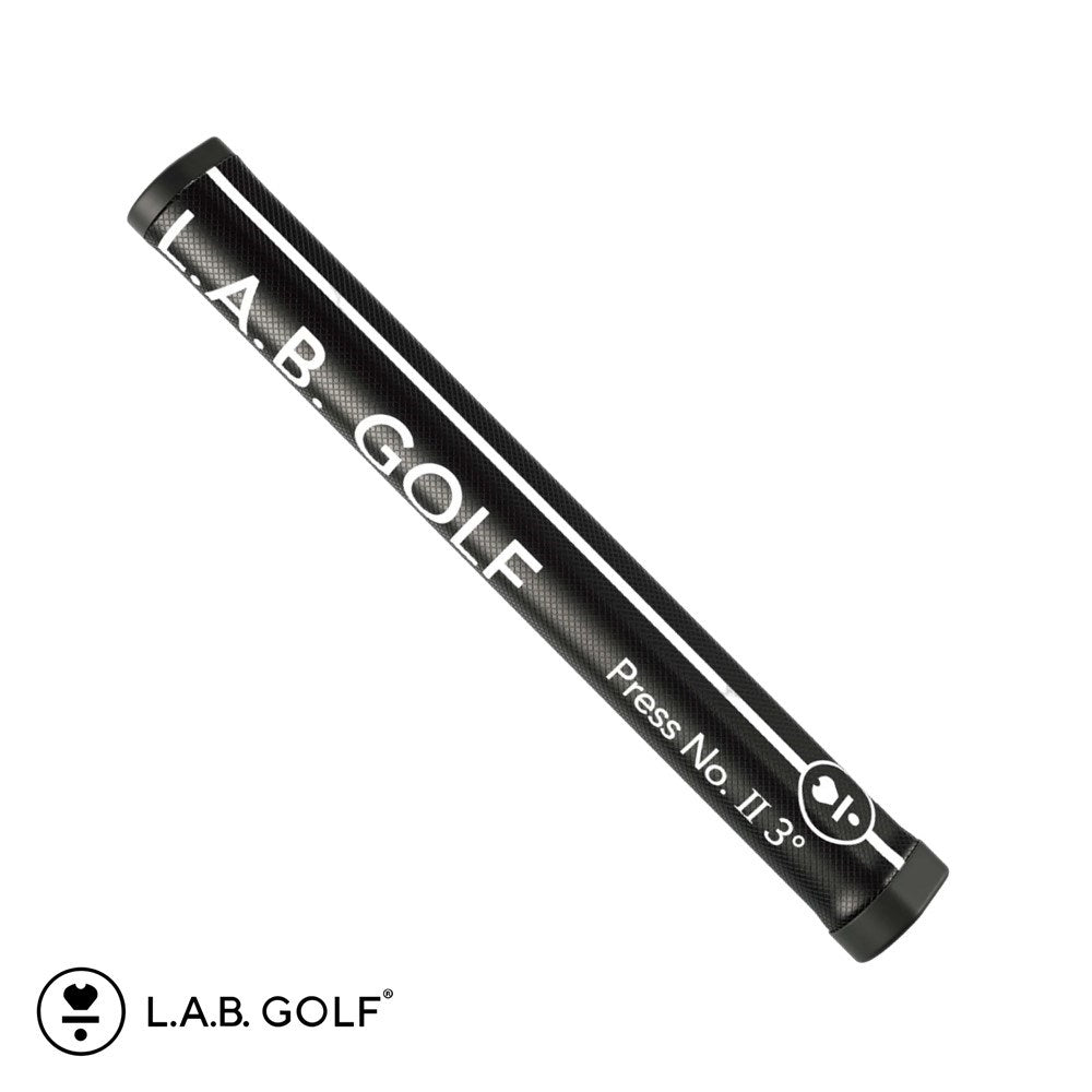A black golf putter grip with the text 'L.A.B. GOLF Press No. II 3°' displayed on it.