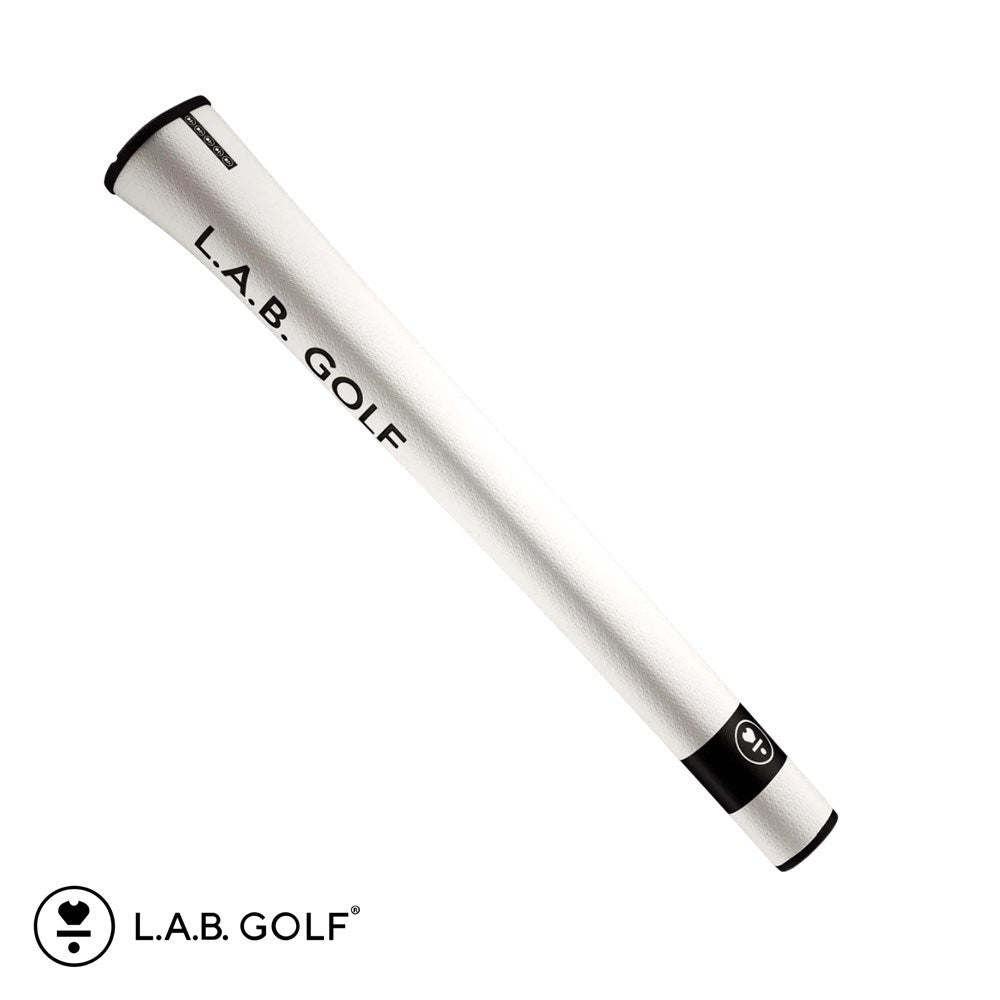 A silver putter grip with the text 'L.A.B. GOLF' on the side, designed in a pistol shape with a white and black color scheme.