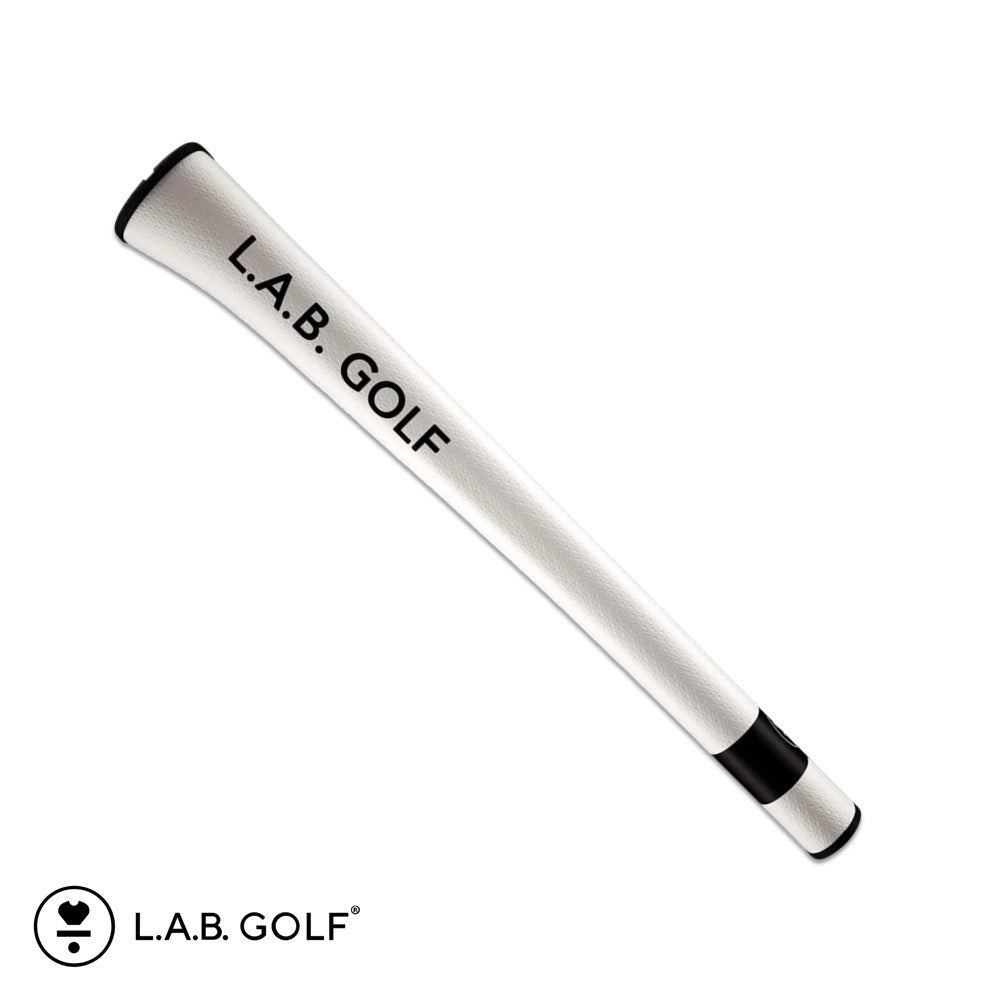 A silver putter grip with the text 'L.A.B. GOLF' on the side, designed in a pistol shape with a white and black color scheme.