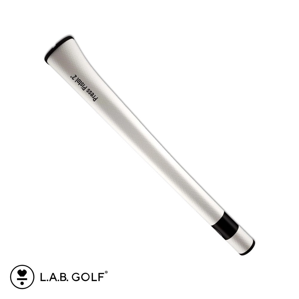 A silver putter grip with the text 'L.A.B. GOLF' on the side, designed in a pistol shape with a white and black color scheme.