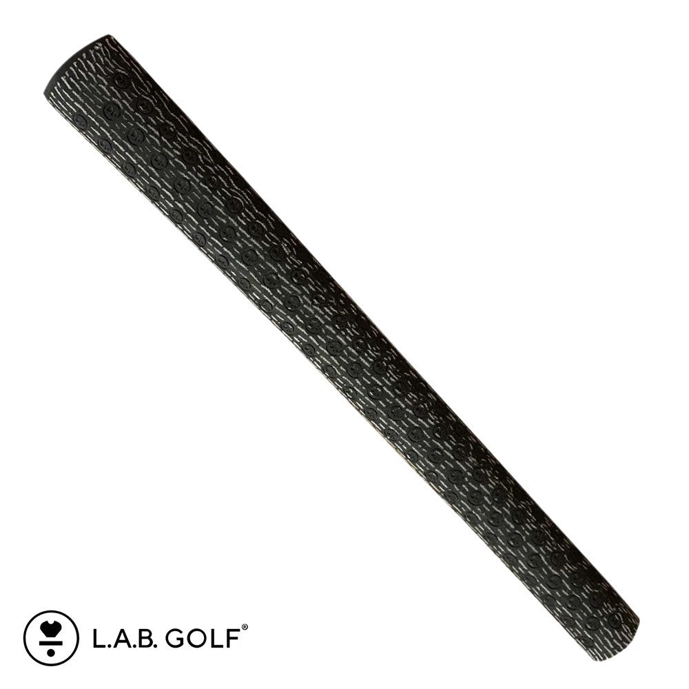 A black golf putter grip with texture and the L.A.B. GOLF logo.