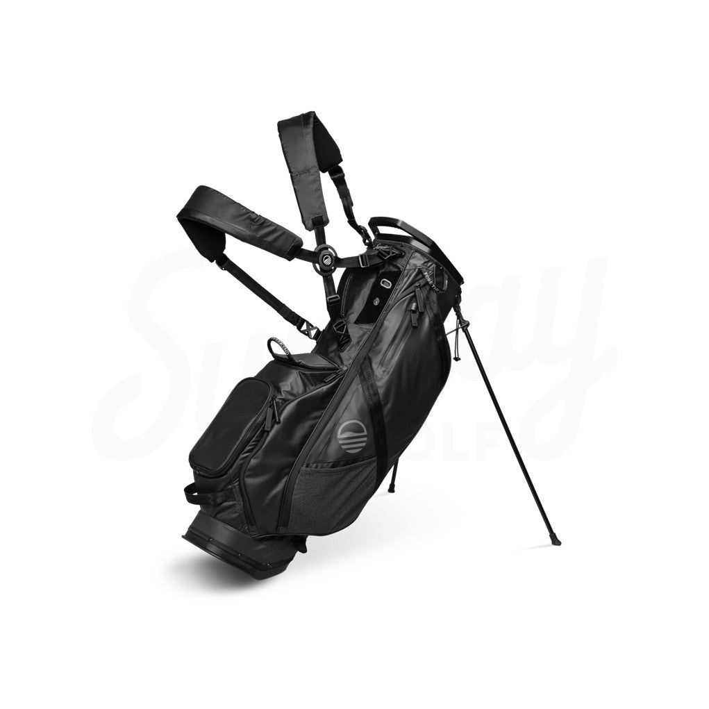 A black golf stand bag with multiple pockets and a sleek, modern design.