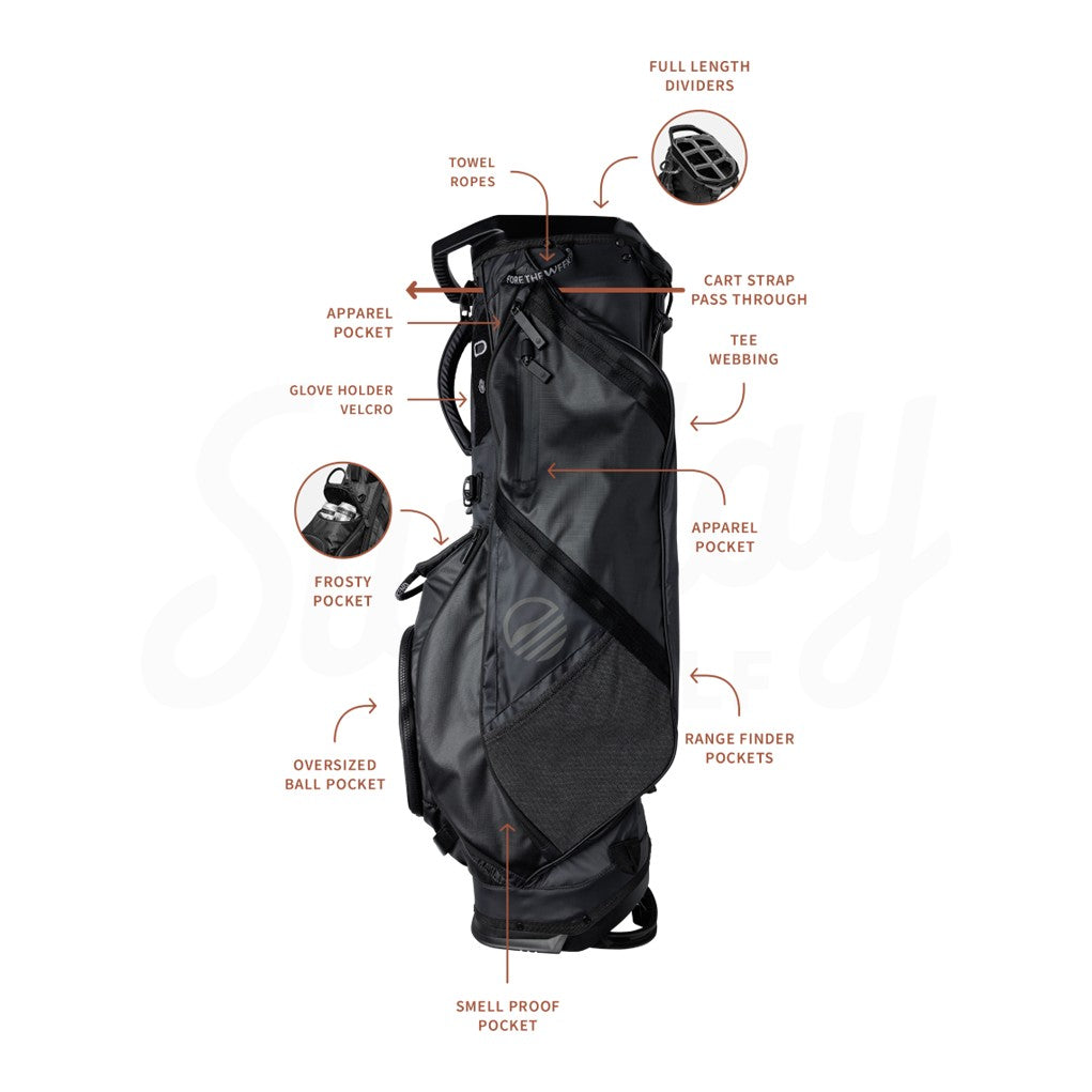 A black RANGER golf stand bag with multiple pockets and a sleek, modern design brochure.