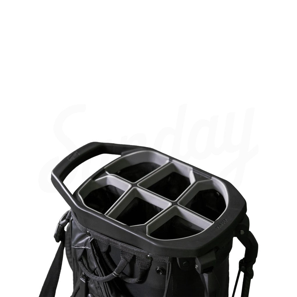 A black RANGER golf stand bag with 6 pockets.