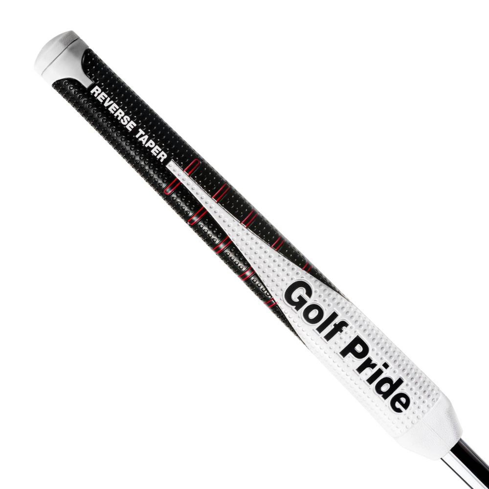 A close-up of a Golf Pride putter grip with a red cap, black body, and white and red detailing.