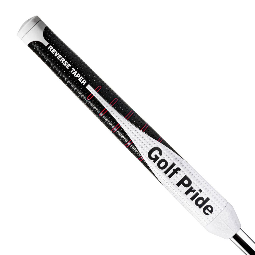 A close-up of a Golf Pride putter grip with reverse taper pistol design, featuring red, black, and white colors and a dimpled pattern for traction.
