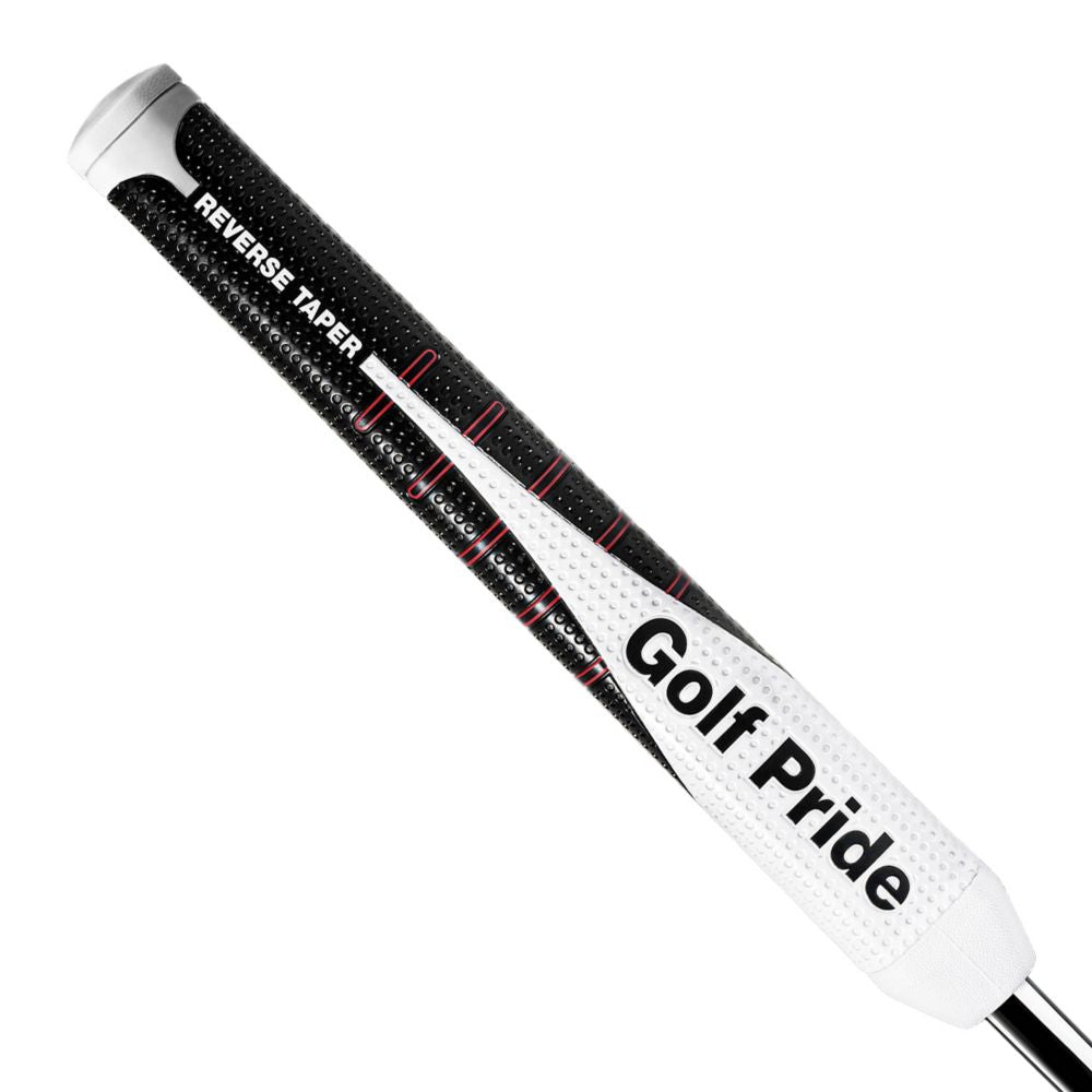 A close-up image of a Golf Pride putter grip with a reverse taper design. The grip is primarily white with black and red detailing and features the Golf Pride logo.