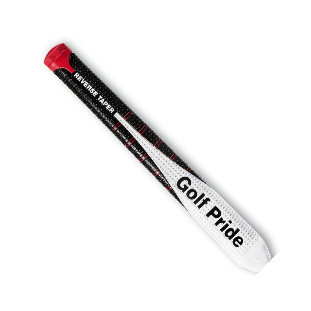 A Golf Pride putter grip with a black, white, and red color scheme, featuring reverse taper flat technology.